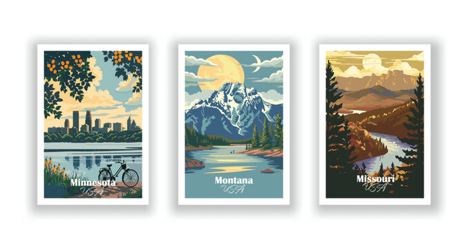 Minnesota, Missouri, Montana - Vintage travel poster. Vector illustration. Poster Travel for Hikers Campers Living Room Decor