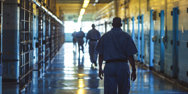 Inmates walking in prison corridor with barred cells