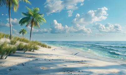 A tranquil beach scene with palm trees and seagulls. Realistic.