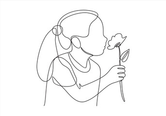 Child smelling flower in continuous line art drawing style. 