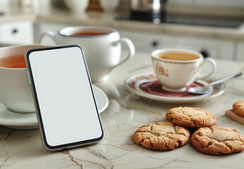 A smartphone with a blank white screen on a kitchen counter with a cup of tea and a plate of cookies