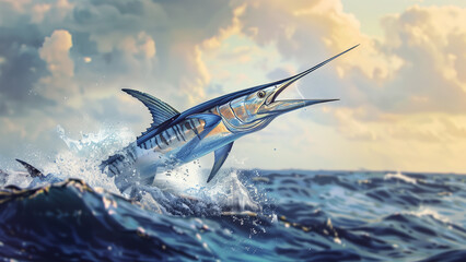 Obraz premium Marine Majesty: Detailed Illustration of a Silver Striped Marlin