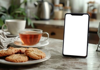 A smartphone with a blank white screen on a kitchen counter with a cup of tea and a plate of cookies