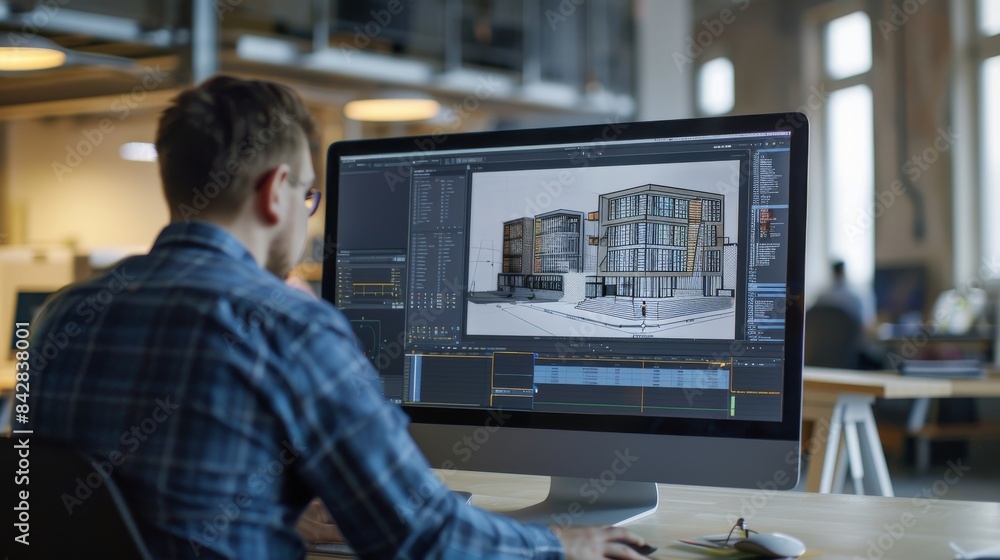 Poster in the background, engineering facility specialising in industrial design stands behind the engineer