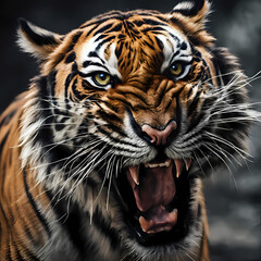 Fototapeta premium A fierce, wild tiger with intense eyes and powerful muscles, caught mid-roar in a dynamic pose, against a soft black background that highlights its striking stripes and raw energy