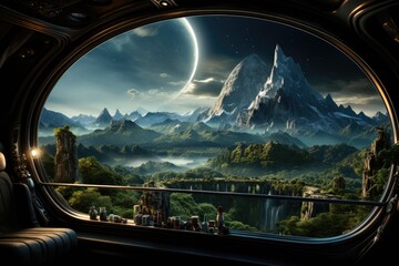 Fictitious planet seen from a space station in the deep space., generative IA