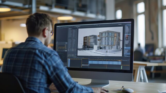 In the background, Engineering Facility Specialising in Industrial Design stands behind the engineer using CAD software on a desktop computer.