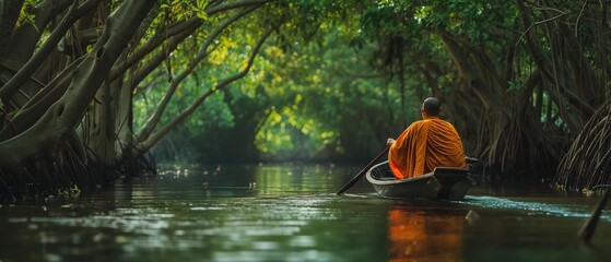 AI generator images of Monks rowing a boat, offering alms to a monk. The waterway in the canal has a beautiful tunnel.