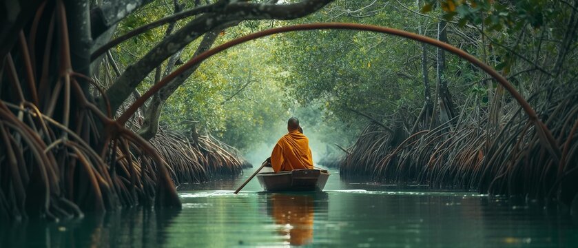 AI generator images of Monks rowing a boat, offering alms to a monk. The waterway in the canal has a beautiful tunnel.
