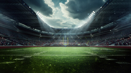 Dynamic Stadium. Large, modern stadium filled with enthusiastic fans, green football field under dramatic sky, lit by stadium lights. 3D render. Concept of sport, event, tournament, game, championship © master1305