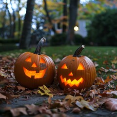 Two carved pumpkins with lit candles inside are resting in a bed of autumn leaves.