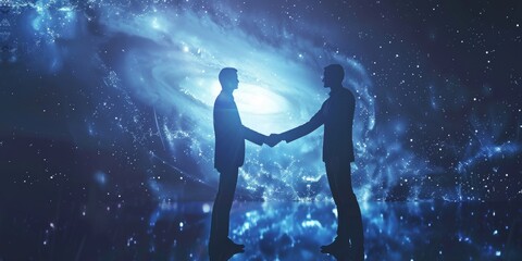Obraz premium Two businessmen shaking hands in the universe, sense of science and technology, sense of science and technology, vision, silhouette, earth, dream, movie shot, 4k high-definition wallpaper, entrepreneu
