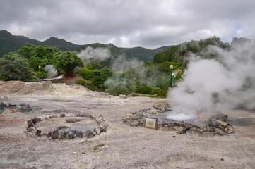 Fumaroles in Furnas hot geo thermal springs, São Miguel Island, Azores, Portugal. Caldeira do...
