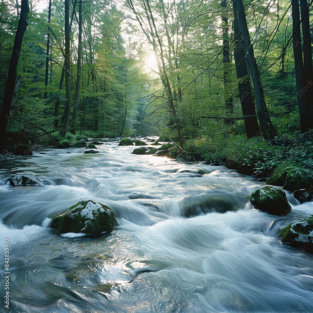 Poster flowing river surrounded by trees at dawn in a tranquil forest setting