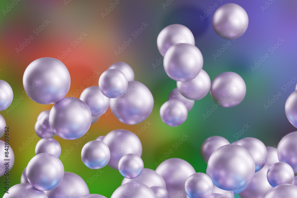 Poster floating spheres against a colorful blurred background. 3d rendering