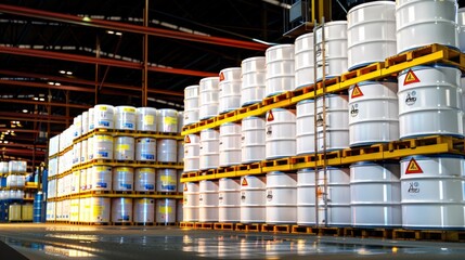 Chemical storage warehouse. Containers for chemical liquids. Warehouse system. Toxic barrels are kept in stock. Warehouse storage. Chemical Industry. Plastic barrels of chemicals are on pallets.