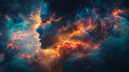 Obraz premium Cosmic Glow: Surreal Portrait Of Woman In Celestial Light, Ai Generated
