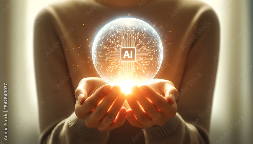 Poster a person holding a glowing representation of ai in their hands. the hands gently cup a sphere filled