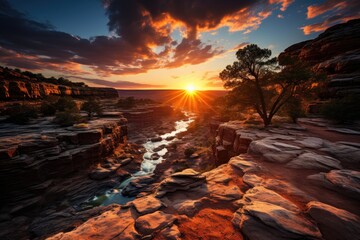 Fototapeta premium Spectacular sunset over a canyon., generative IA