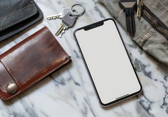 A smartphone with a blank white screen placed on a marble countertop beside a set of keys and a wallet