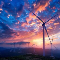 Beautiful sunset with wind turbines in the foreground and dramatic clouds in the sky over a rural landscape