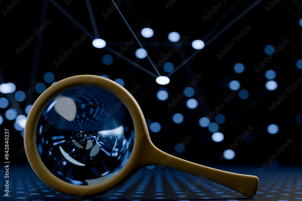 Poster a magnifying glass with a digital network background. 3d rendering