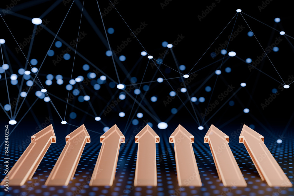 Poster gold arrows pointing upwards with a digital network background. 3d rendering