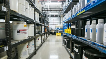 Fototapeta premium Chemical storage warehouse. Containers for chemical liquids. Warehouse system. Toxic barrels are kept in stock. Warehouse storage. Chemical Industry. Plastic barrels of chemicals are on pallets.