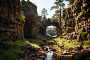 Natural arch in rock canyon, work of nature., generative IA