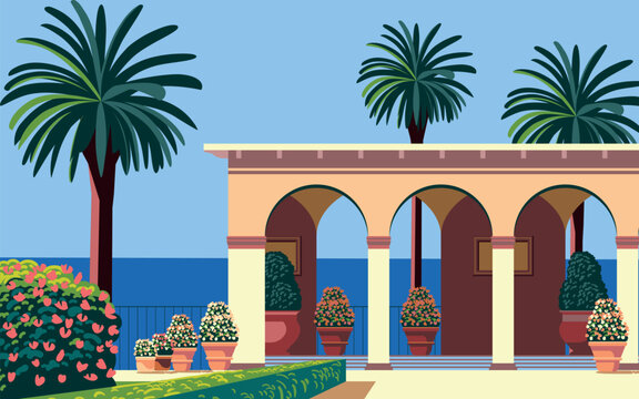 Mediterranean Landscape with traditional romantic gazebo in a park with a garden, flowering beds, palms, island and the sea in the background. Handmade drawing vector illustration.