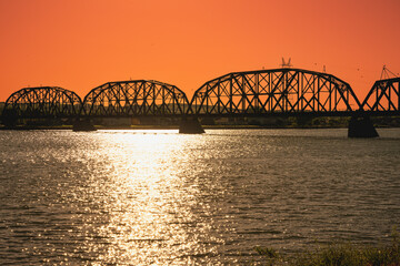 The Chicago and North Western Railroad crossing the Missouri River in Pierre: The landmark infrastructure built in 1880 in South Dakota