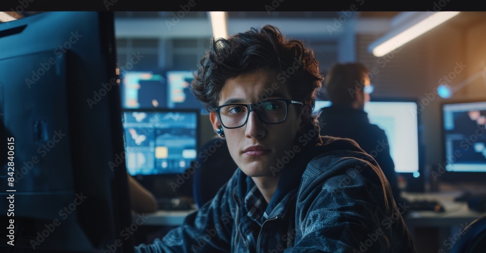 Aufkleber a young attractive software developer working in a technological laboratory environment. he is work 