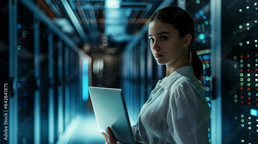 Poster using a laptop computer at the evening office to optimize server farm cloud computing facility. cybe