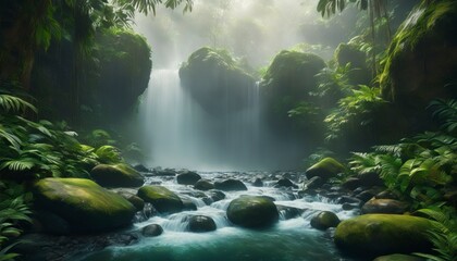 This abstract background captures the essence of a wet tropical forest, with the vibrant greenery and cascading waterfalls creating a scene of natural splendor.