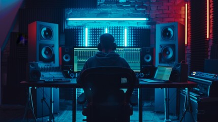 An image of the control desk at a modern music studio with a computer screen showing the user interface of the music DAW software. Also shown are an equalizer, mixer, and other professional