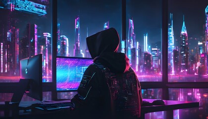 Cyberpunk Hacker at Workstation