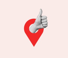 Contemporary collage with location icon and human hand