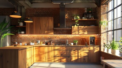Bright kitchen featuring wooden cabinets, brick walls, and glowing pendant lights.