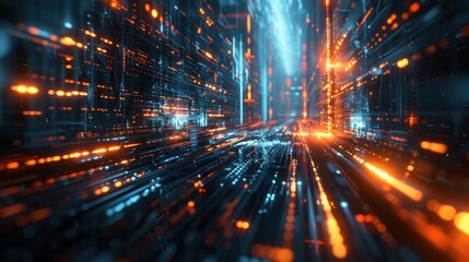 Fototapeta premium An abstract representation of data flow in a high-tech environment. The background is filled with dynamic lines and glowing elements, creating a sense of movement and energy. The lighting and shadows