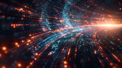 Obraz premium An abstract representation of data flow in a high-tech environment. The background is filled with dynamic lines and glowing elements, creating a sense of movement and energy. The lighting and shadows