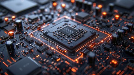 Fototapeta premium A detailed macro shot of a computer processor with intricate circuitry and components. The high-resolution image is enhanced by precise lighting and shadows, showcasing the complexity and
