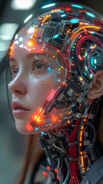 a photo of woman cyborg, fullshot, robot head have a lot of cables and wires, robot head have intricate structure, various colors is being painted, upperbody, european, photograph like passports, ecce