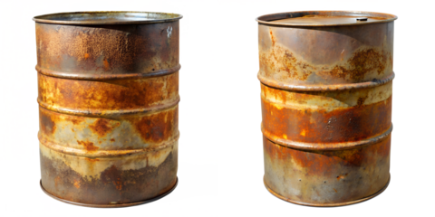 Rusted brown green old metal barrel highly detailed isolated on transparent background PNG file