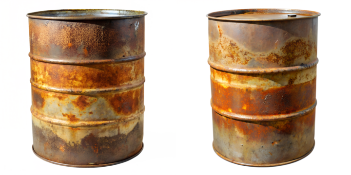 Rusted brown green old metal barrel highly detailed isolated on transparent background PNG file