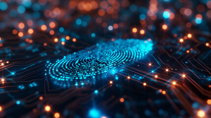 Digital surface with blue fingerprint is integrated into the printed circuit and releasing binary codes on dark background.