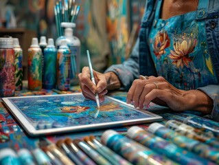 A digital artist working on a tablet, with creative software and colorful designs on the screen.