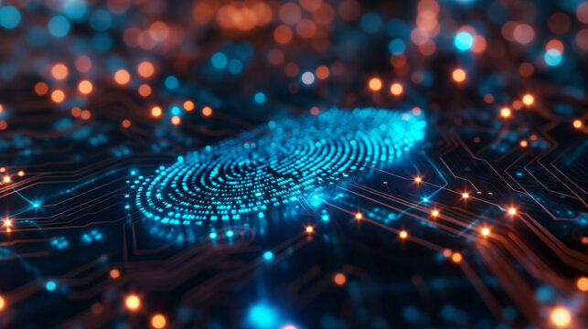 Digital surface with blue fingerprint is integrated into the printed circuit and releasing binary codes on dark background.