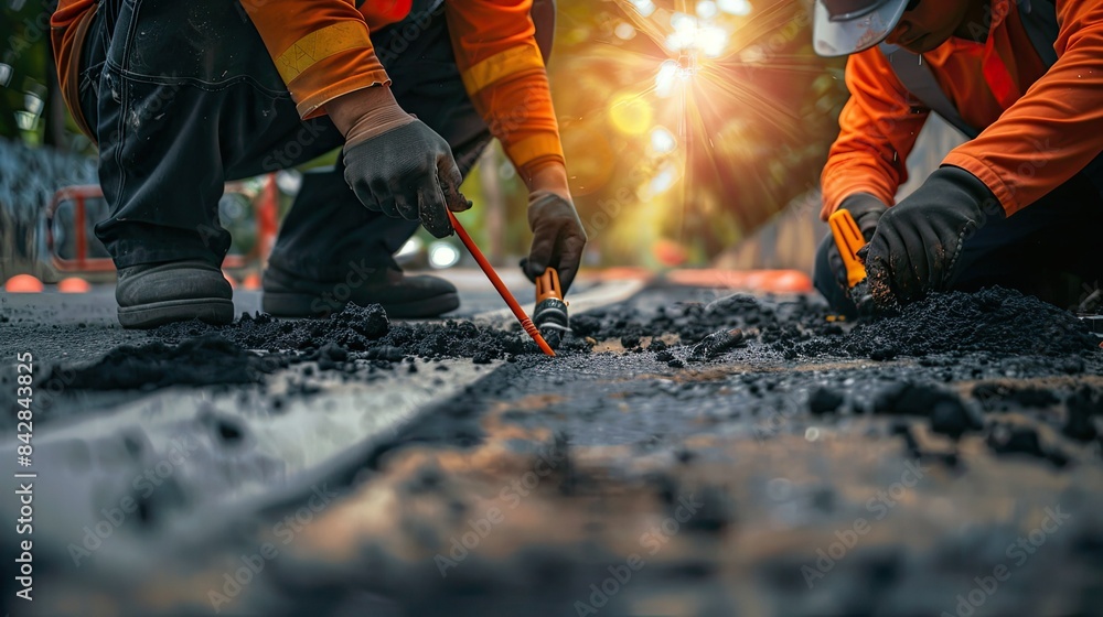 Poster close-up of engineers fixing a road with a blueprint and measurement tools overlay.