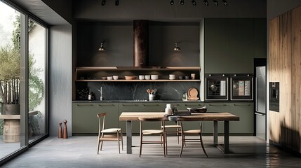 Cozy modern kitchen with olive green cabinets, natural materials, dark gray walls, and a wooden dining table.
