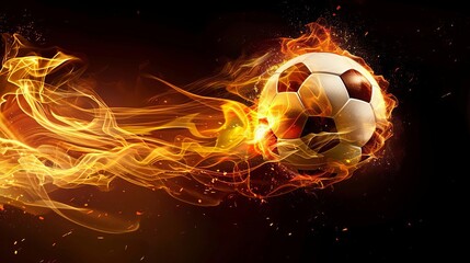 Naklejka premium A fiery soccer ball soaring through the air on a black background,